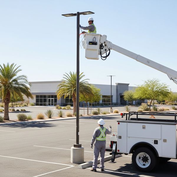 Technician in a bucket truck repairing a parking lot light.