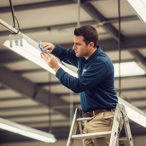 A professional technician performing maintenance on an interior lighting system in a commercial building.