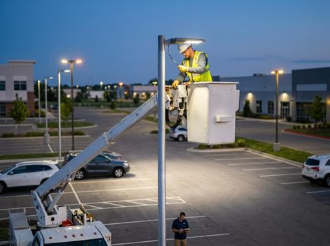 Worker installing LED street light from a bucket lift