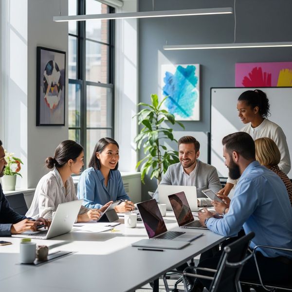 A team of colleagues working together in a bright, comfortable, and well-lit office meeting room. A team of colleagues working together in a bright, comfortable, and well-lit office meeting room.