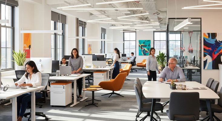 A bright, modern office space with large windows and stylish overhead lighting, creating a professional and welcoming environment.