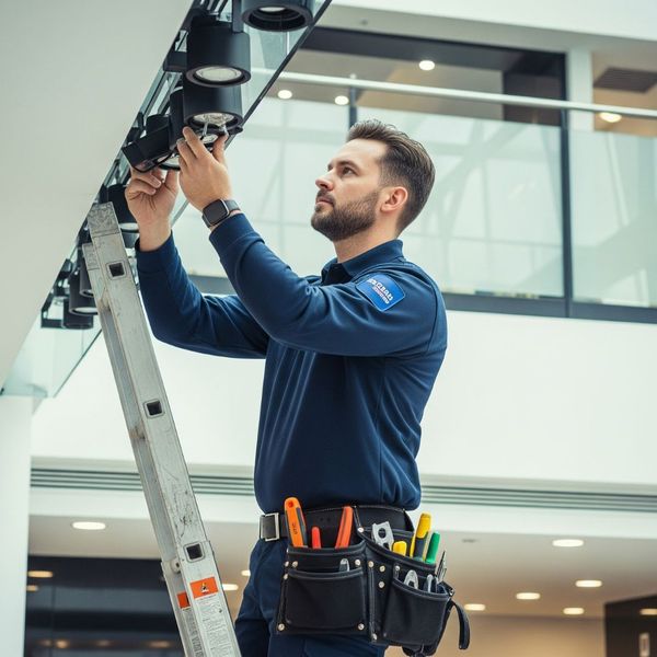 A uniformed technician stands on a ladder, carefully cleaning a commercial overhead light fixture. A uniformed technician stands on a ladder, carefully cleaning a commercial overhead light fixture.
