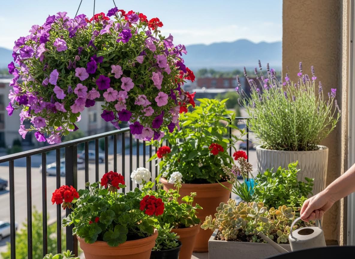 Vibrant Balcony Garden with Assorted Potted Flowers and Plants