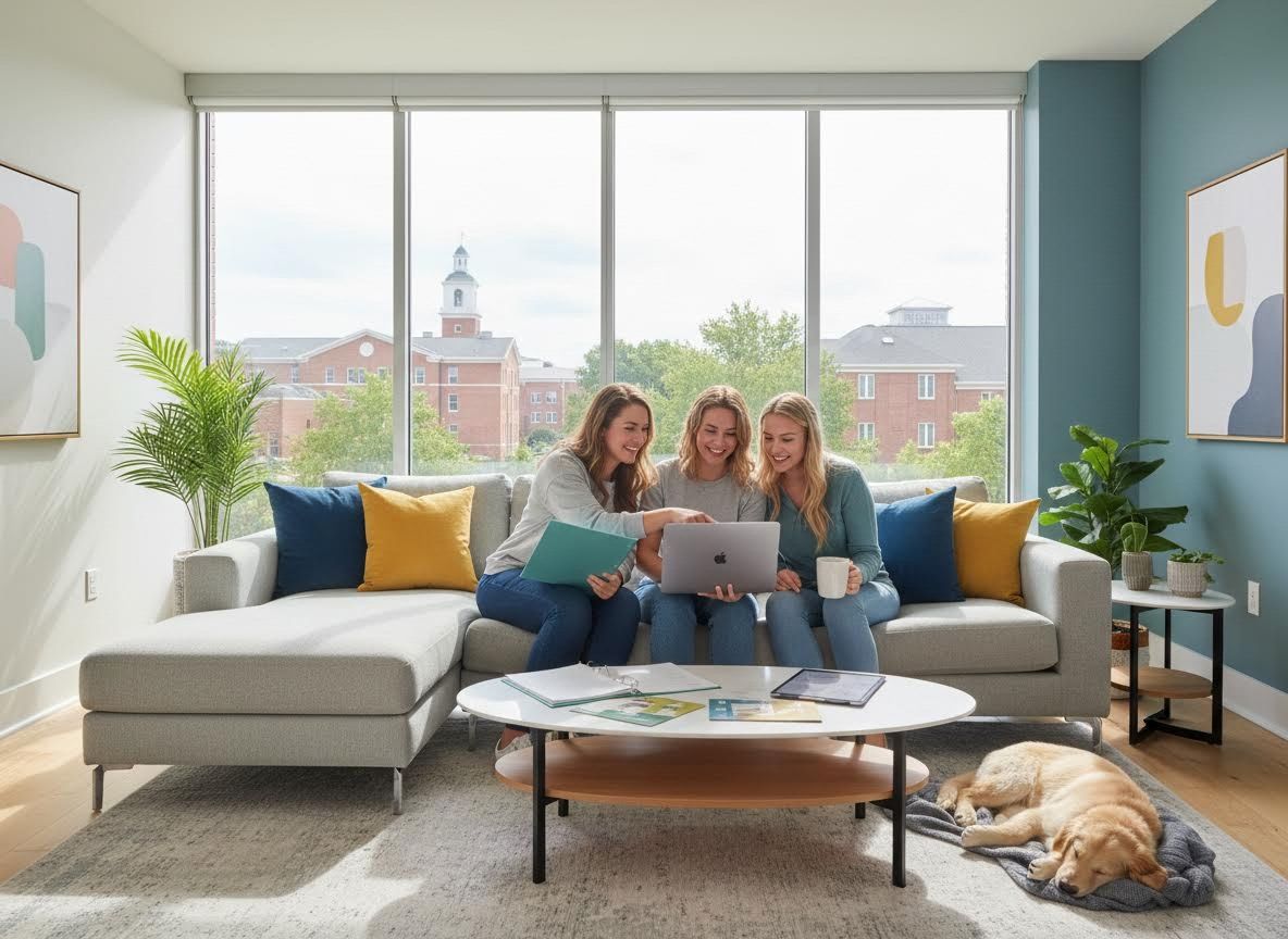 Three young women studying on laptop in modern apartment with dog