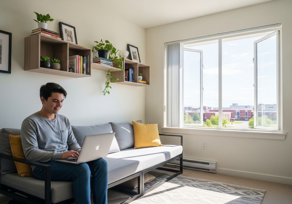 Young man working on laptop in bright apartment