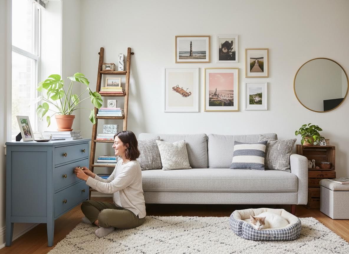 Woman opening a blue dresser drawer in a bright living room