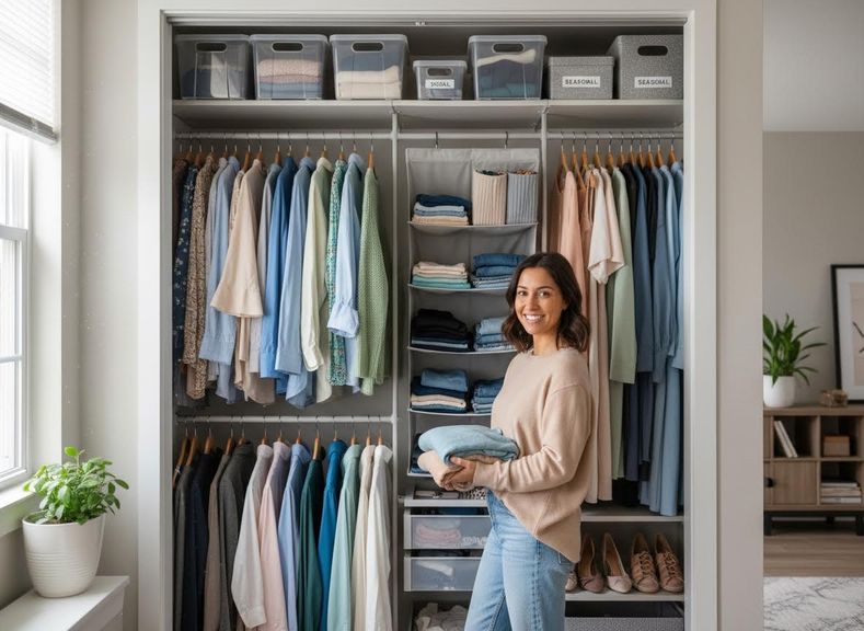 Woman smiling in a neatly organized closet