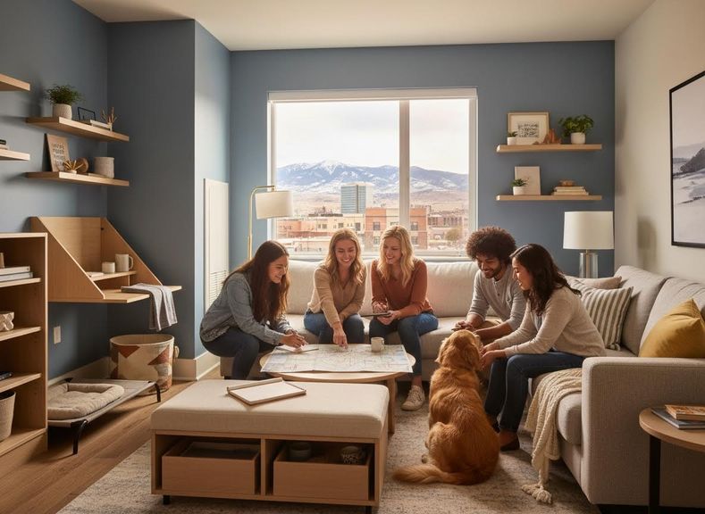 Friends and a golden retriever planning with a map in a modern living room
