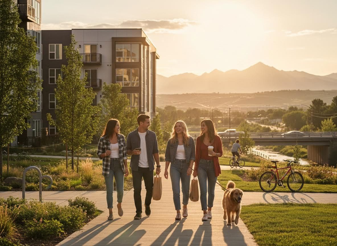 Friends walking dog and talking near modern apartments at sunset