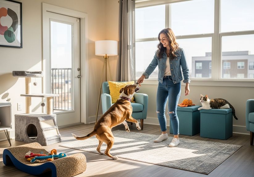 A young woman happily interacts with her dog in a brightly lit, modern apartment, while a cat relaxes nearby. The scene includes pet-friendly amenities like a cat tree and scratching post, suggesting a comfortable, pet-inclusive living space. Happy Pets in Modern Apartment