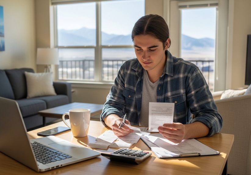 A young man sits at a desk in a brightly lit room, reviewing bills and receipts. He is holding a bill in one hand and a pen in the other, with a laptop, calculator, and coffee mug on the desk beside him. Man Reviewing Bills at Desk with Laptop