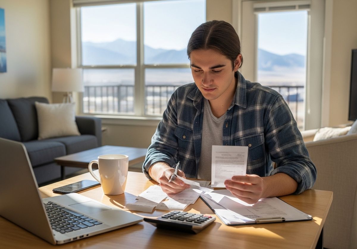 Man Reviewing Bills at Desk with Laptop