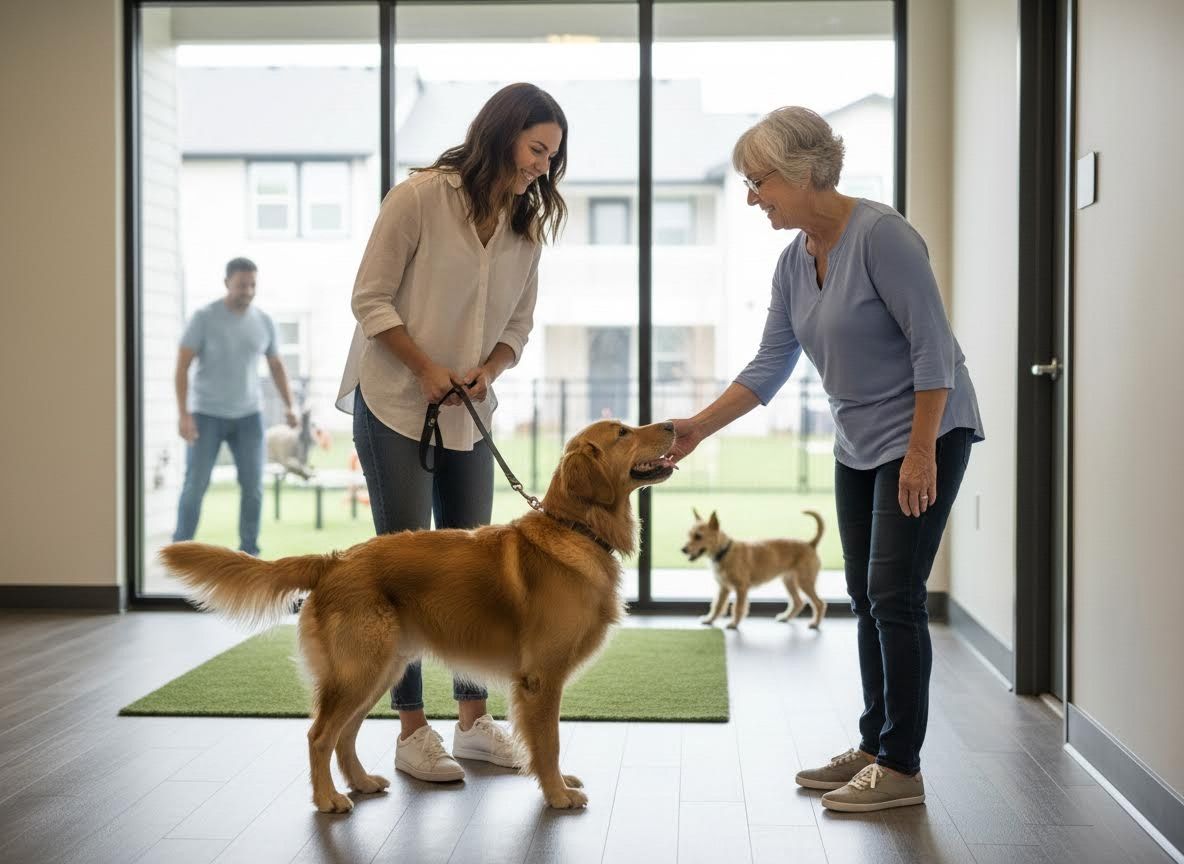 Women and dogs in a community space