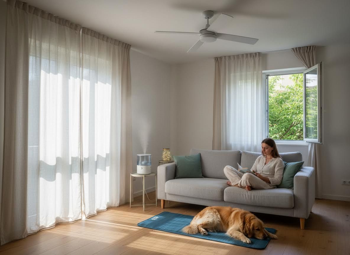 Woman Reading on Sofa with Golden Retriever and Humidifier