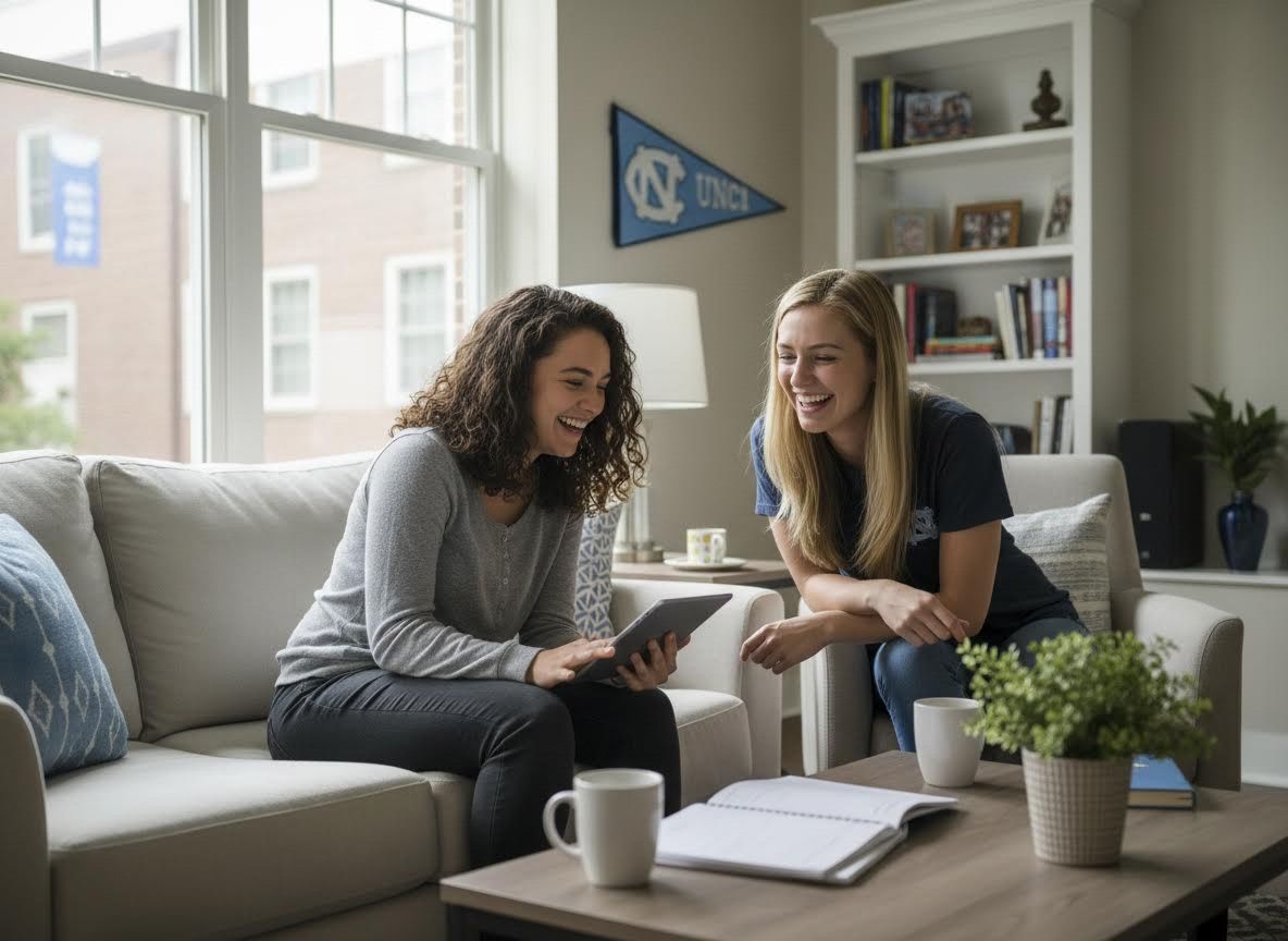 Two women laughing while looking at a tablet in a living room