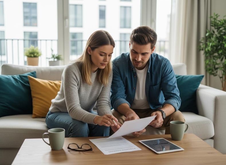 Young couple reviewing documents at home