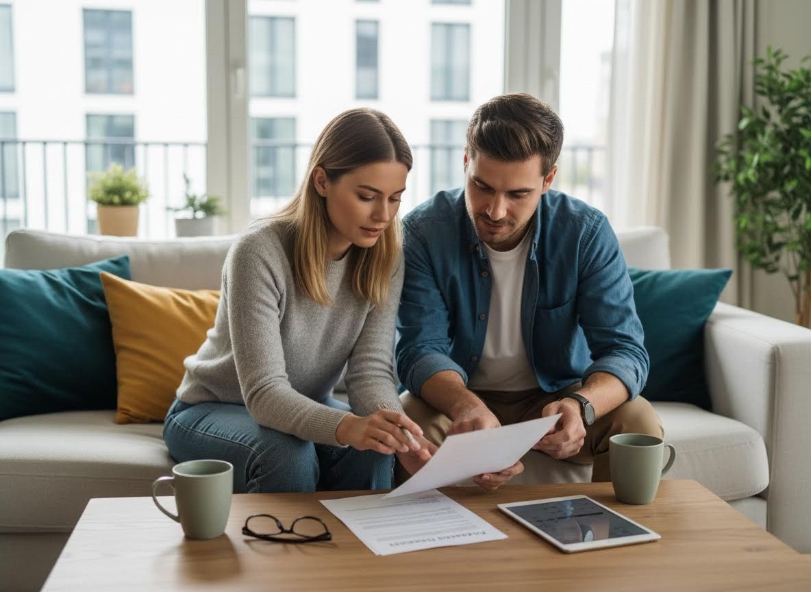 Young couple reviewing documents at home