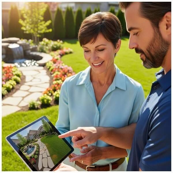 A female landscape designer and a male homeowner review a 3D landscape rendering on a tablet in a sunny yard. A female landscape designer and a male homeowner review a 3D landscape rendering on a tablet in a sunny yard.