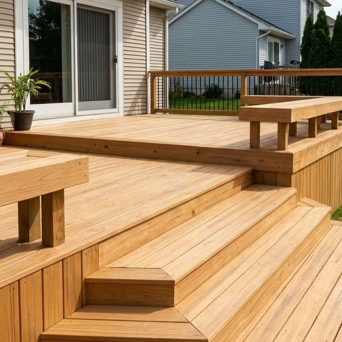 An elegant multi-level wooden deck with a natural finish.