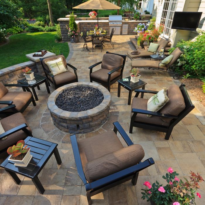 fire pit on backyard patio