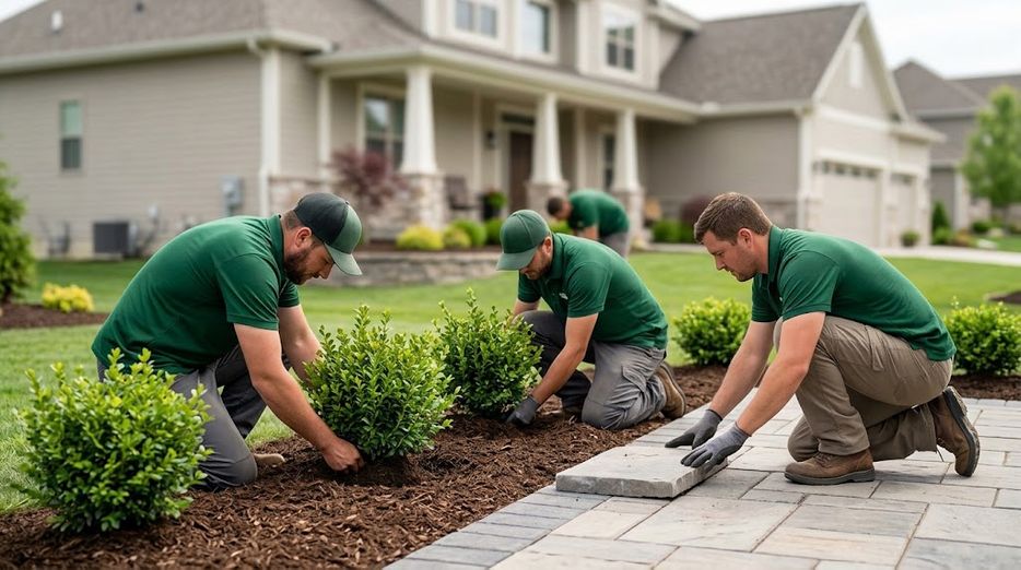 A landscaping crew installs new plants and a patio in a backyard during a sunny day. 4 Things To Look For In A Lawn Care And Landscape Company-image1.jpeg
