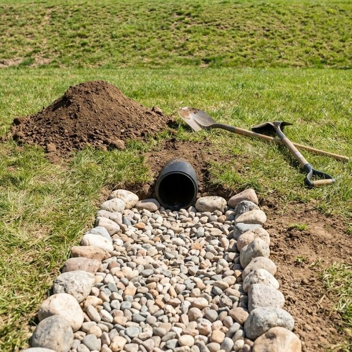 A close-up view of a recently installed underground drainage pipe exiting into a decorative dry creek bed made of river rock.