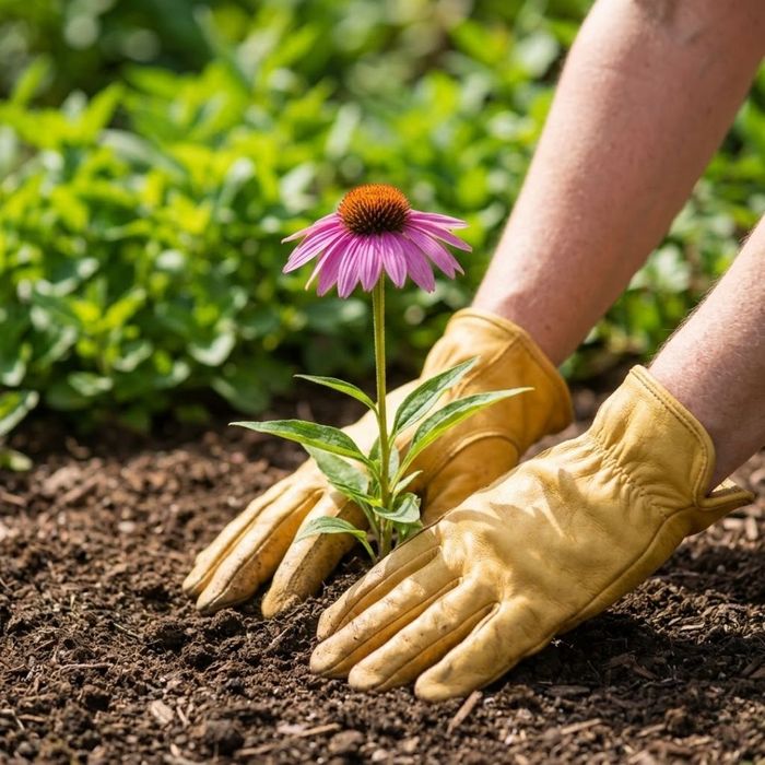 A gardener with generic gloves plants a purple coneflower in a mulched garden bed.