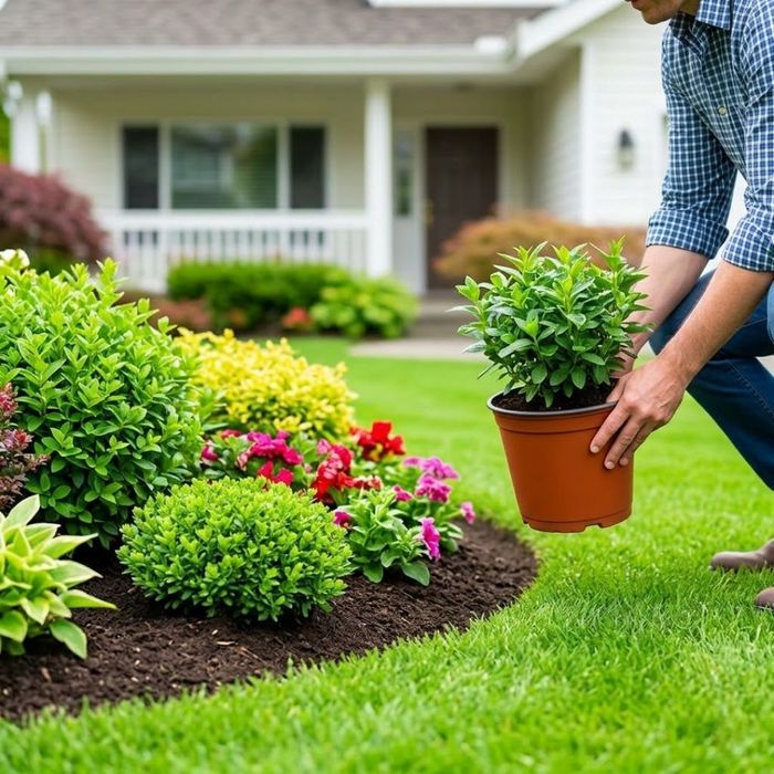 A close-up view of a person placing a potted plant into a well-maintained garden bed next to a lush lawn.