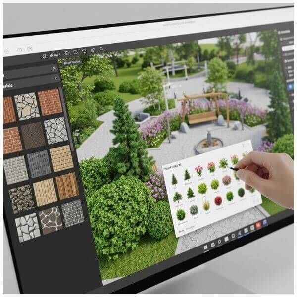 Close-up of a computer monitor displaying 3D landscape design software, with menus for materials and plants visible. Close-up of a computer monitor displaying 3D landscape design software, with menus for materials and plants visible.