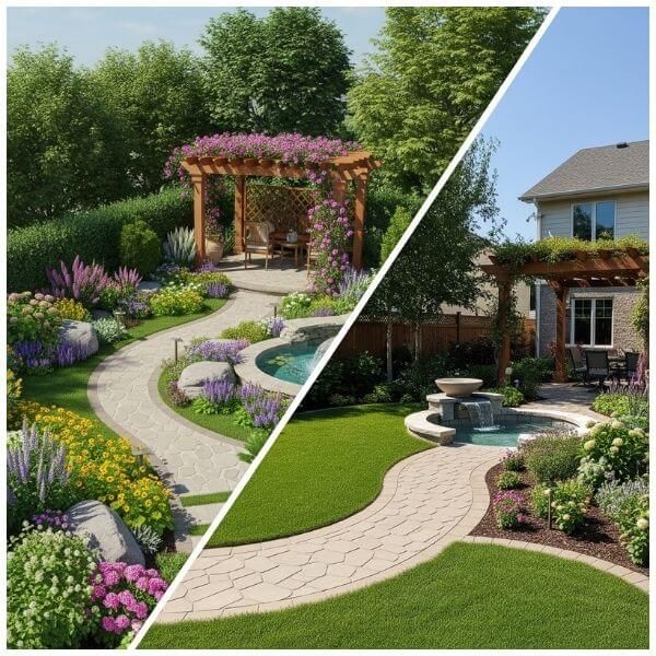 A split-screen image showing a 3D rendering on the left and the identical, completed landscape project on the right. A split-screen image showing a 3D rendering on the left and the identical, completed landscape project on the right.