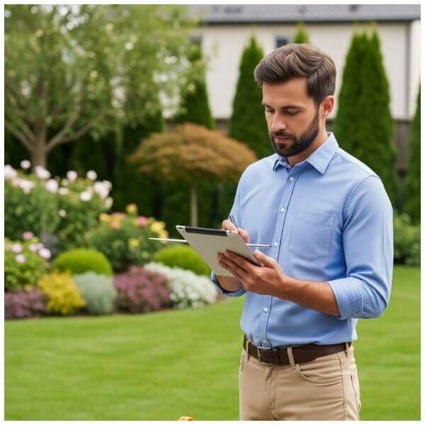 A male landscape architect taking detailed photos and measurements of a residential property on a tablet. A male landscape architect taking detailed photos and measurements of a residential property on a tablet.
