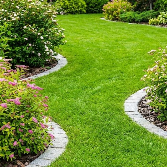 A vibrant green lawn with clean stone edging and flowering shrubs.