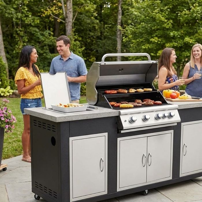 A modern outdoor kitchen island with a built-in grill and people socializing