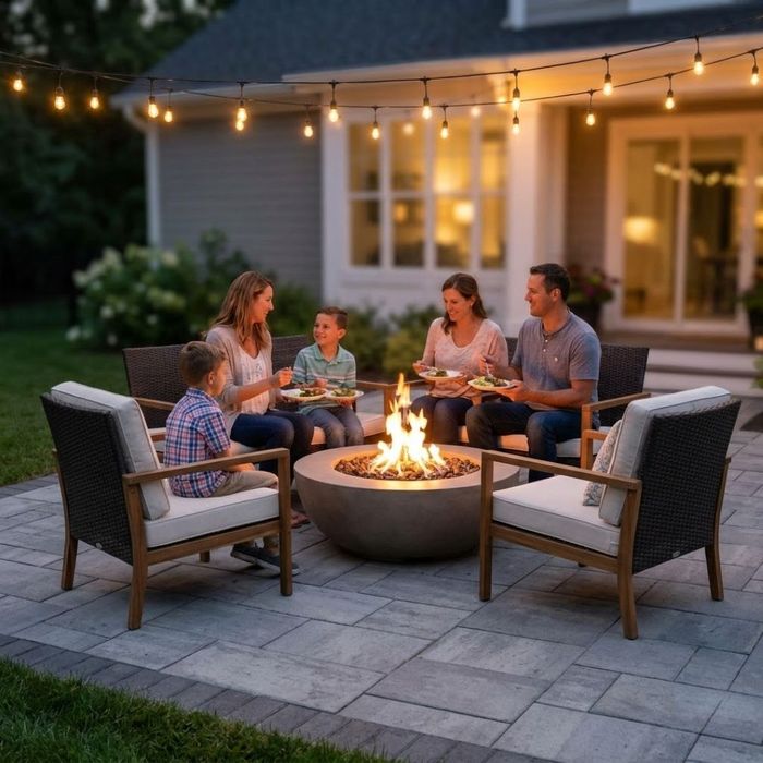 A family gathers for an evening meal on a modern paver patio illuminated by warm string lights and a small fire pit.