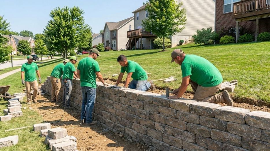 A professional landscape crew, dressed in unmarked green shirts, works on constructing a stone retaining wall on a sunny suburban hillside.