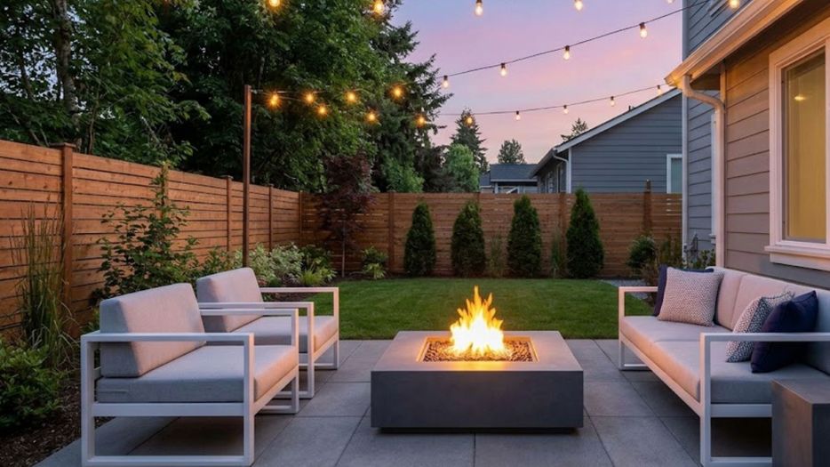 A comfortable backyard patio with a fire pit, modern seating, and twilight string lights.