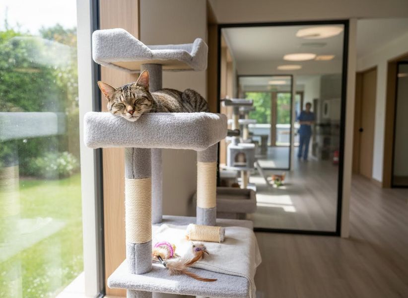 Tabby cat sleeping peacefully on a grey cat tree