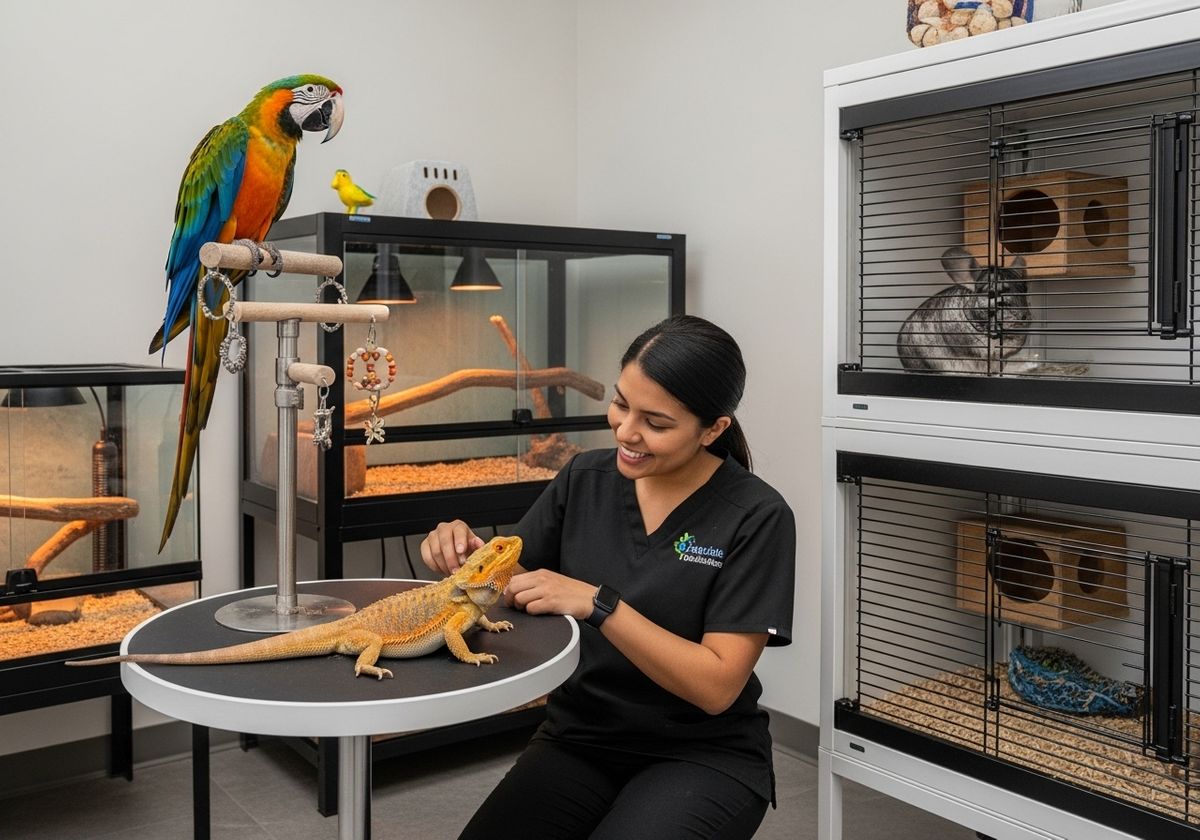 Veterinarian examining a bearded dragon with other exotic pets nearby