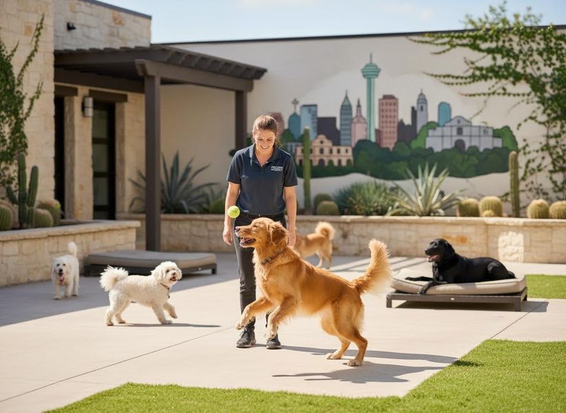 Woman playing with multiple dogs in an outdoor dog daycare