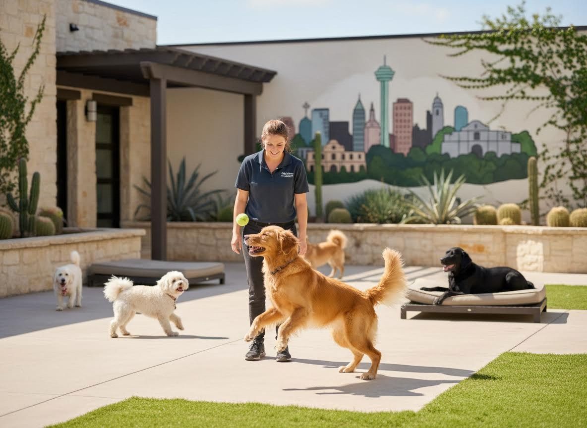 Woman playing with multiple dogs in an outdoor dog daycare