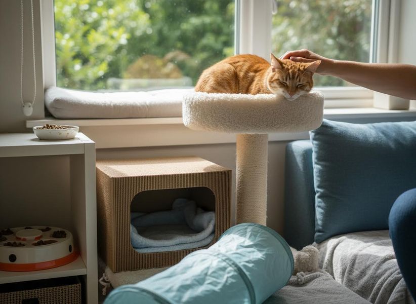 Orange cat being petted on a cat tree
