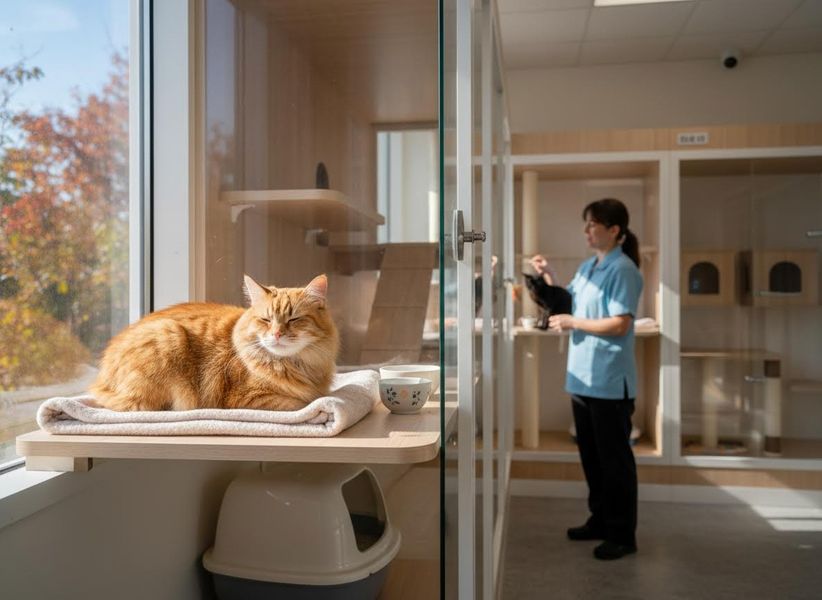Sunny Cat Enclosure with Relaxing Cat and Staff