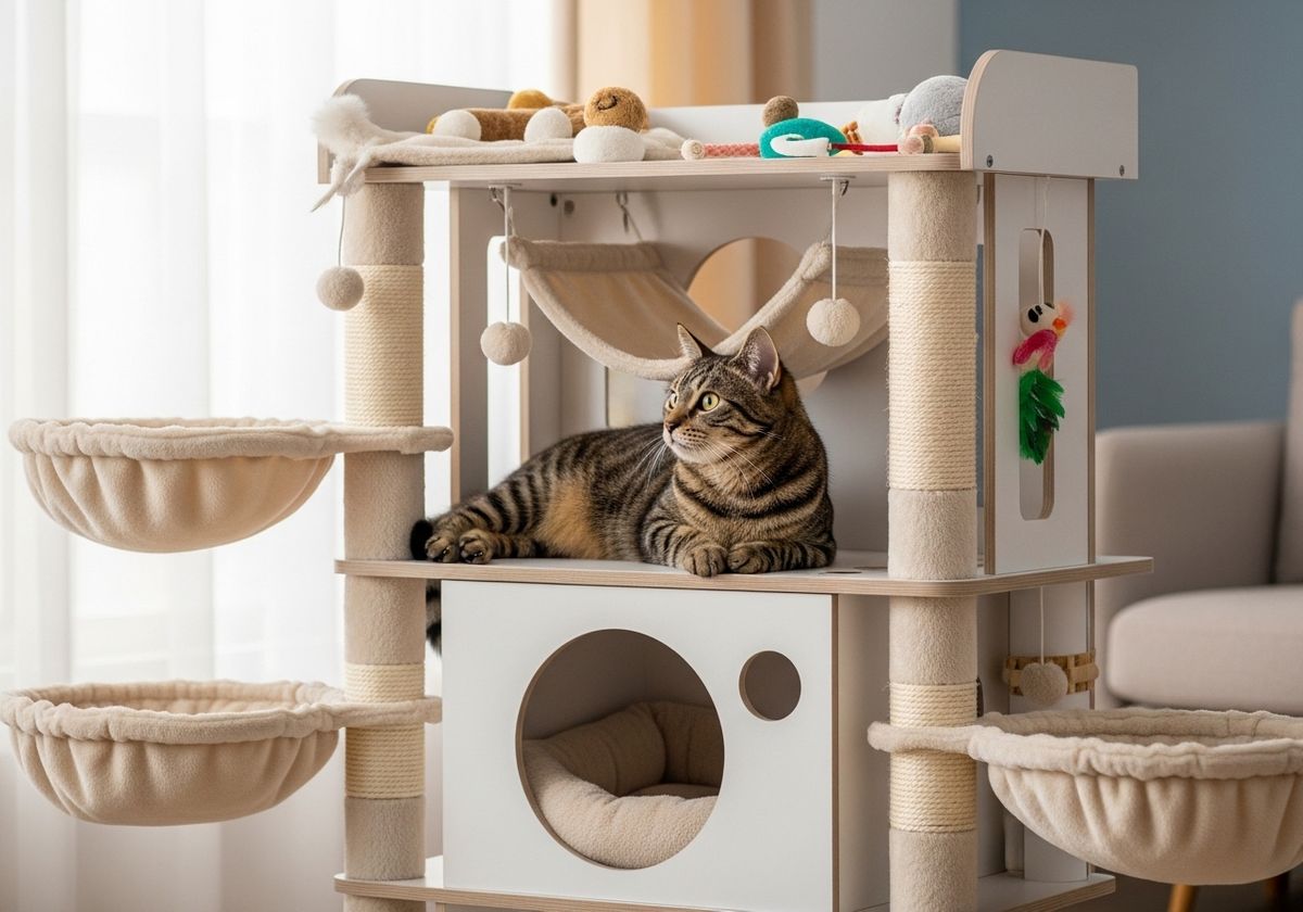 Tabby Cat Relaxing on a Cat Tree