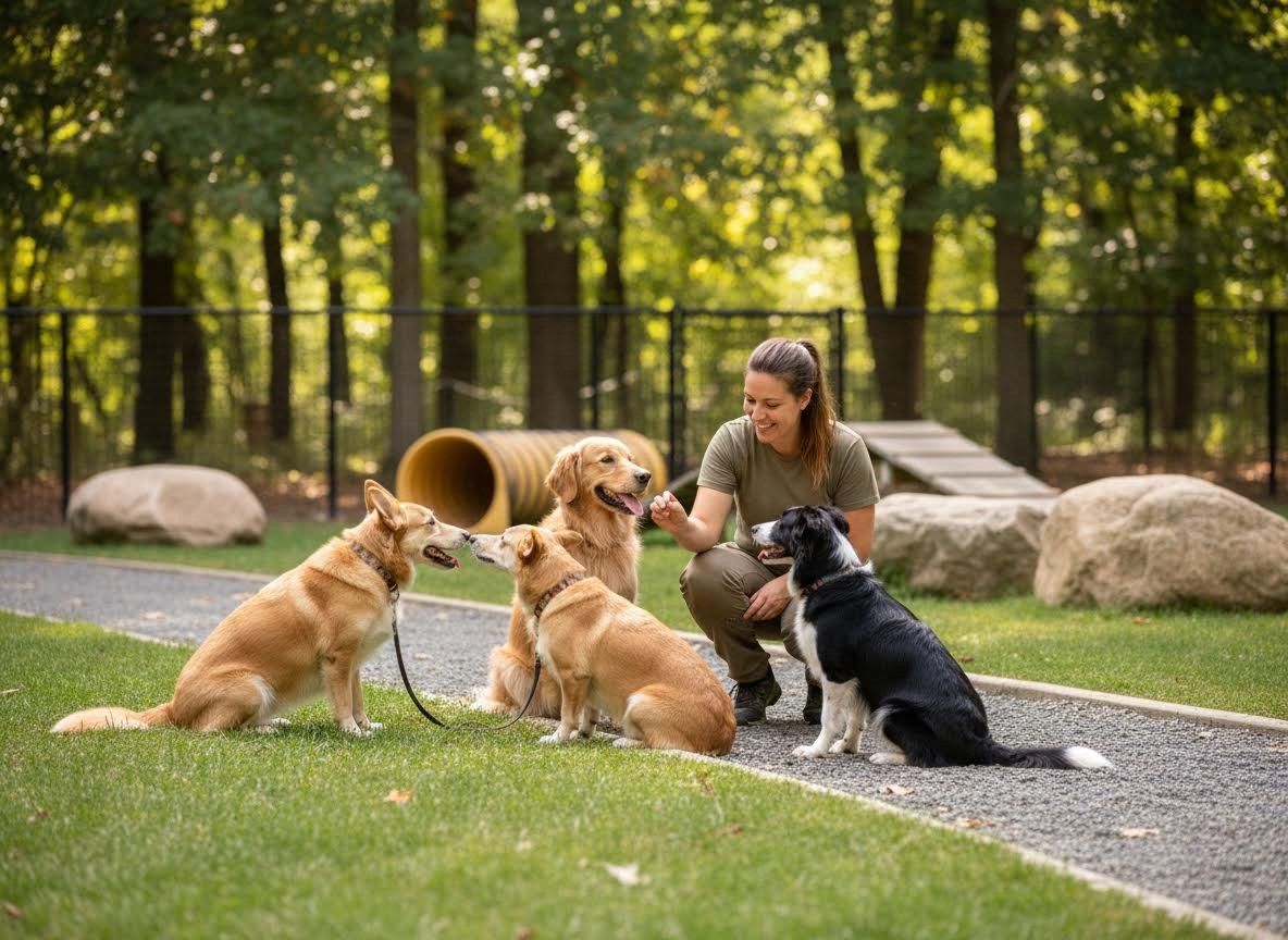 Woman interacting with multiple dogs at a dog park