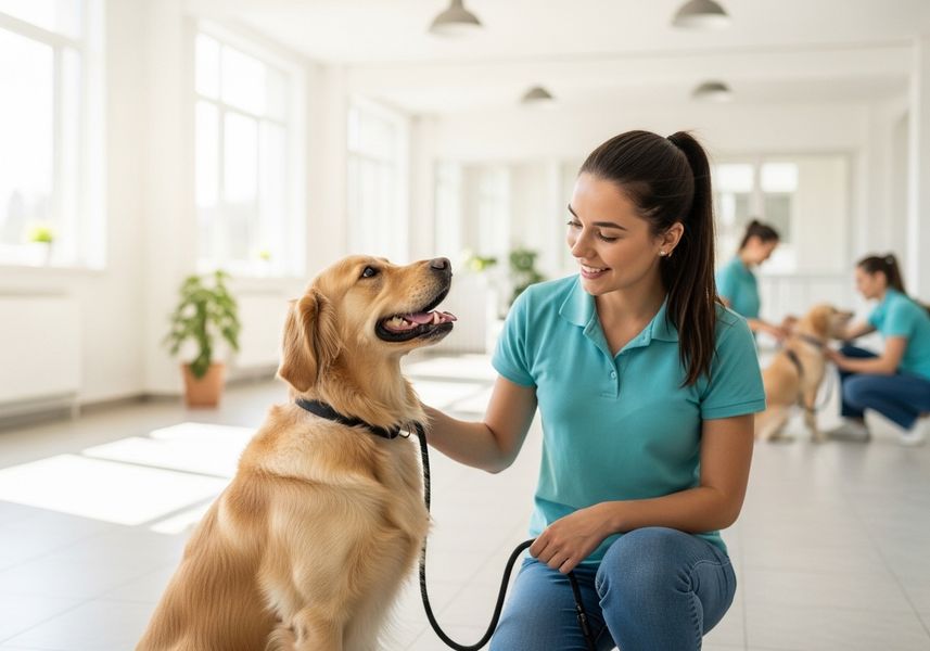 Golden Retriever Receiving Affection at Dog Grooming Salon
