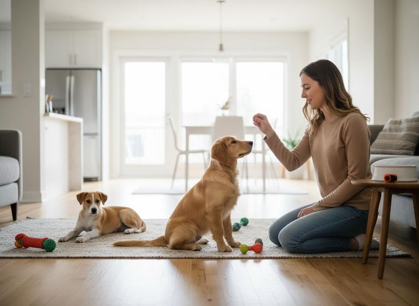 Woman Training Golden Retriever Puppy with Other Dog Nearby