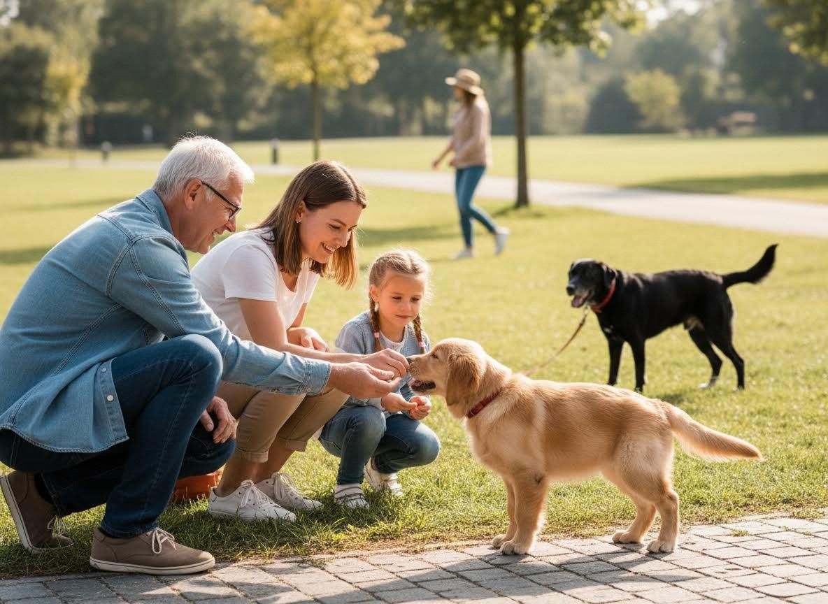 Family feeding golden retriever puppy in park