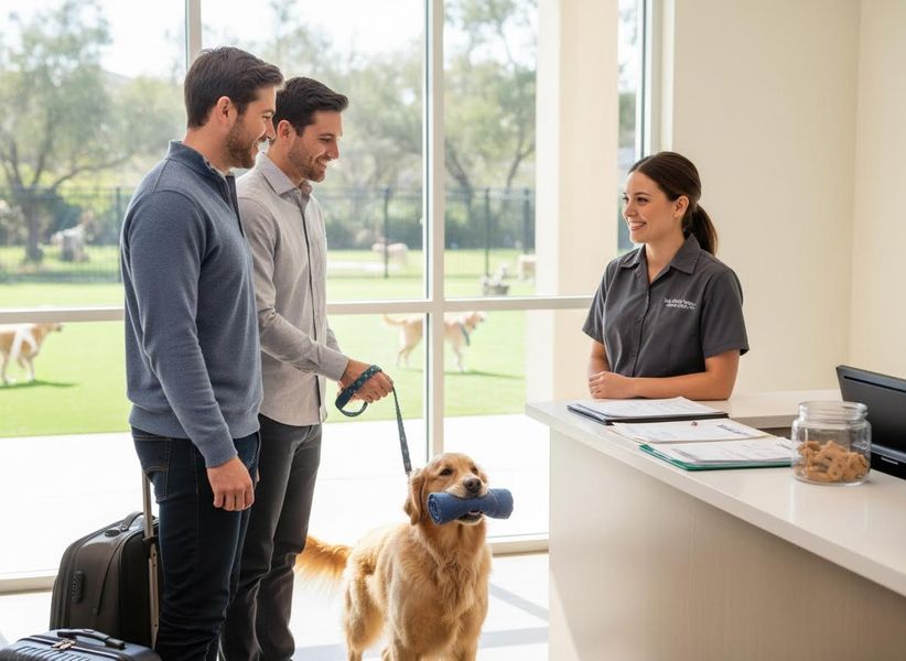 Two men with Golden Retriever checking into pet-friendly hotel