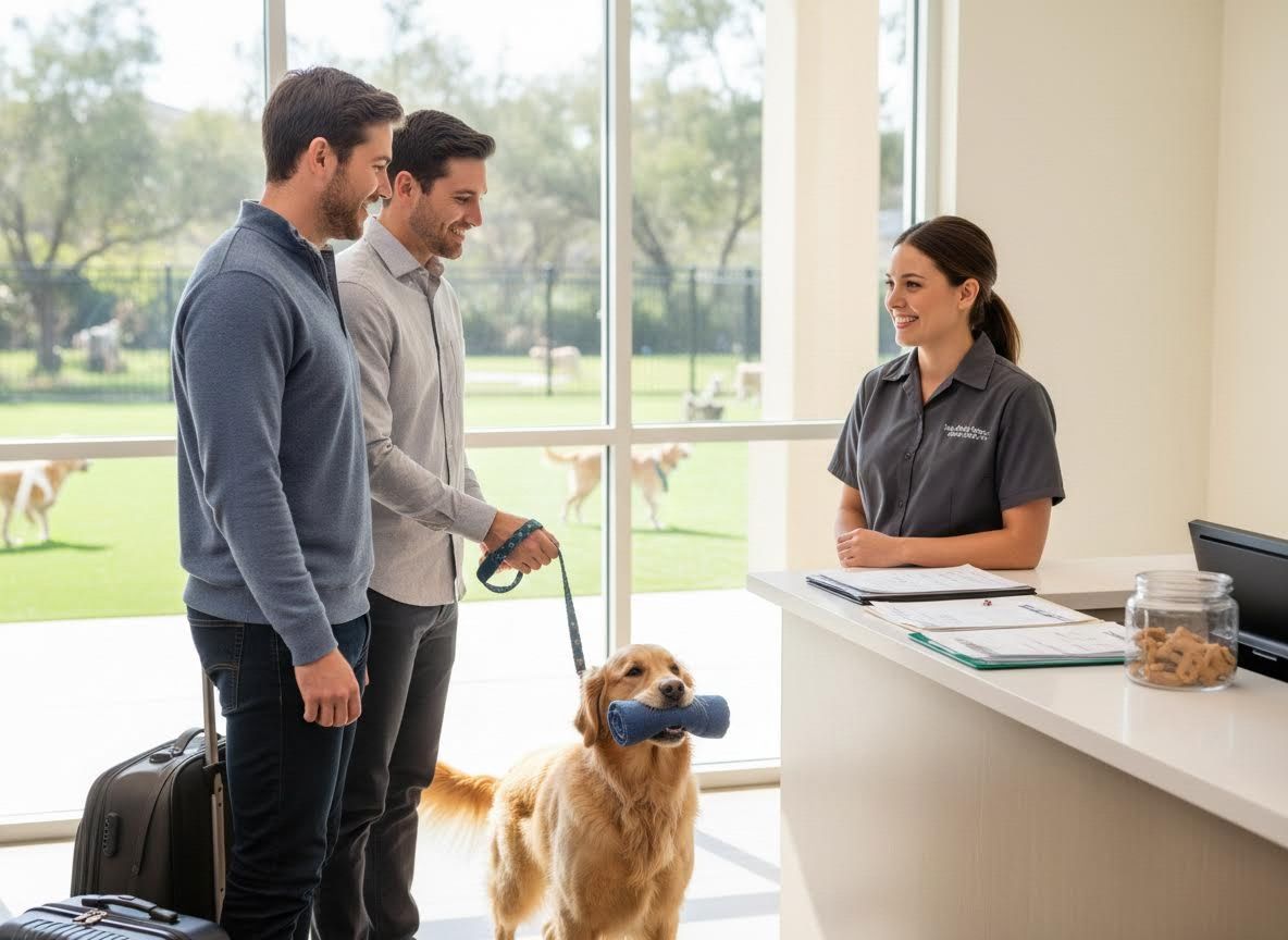 Two men with Golden Retriever checking into pet-friendly hotel