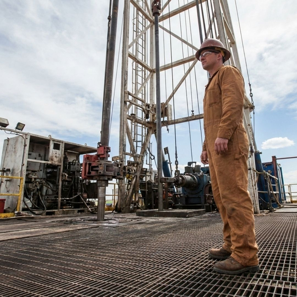 A professional security guard in safety gear stands on the platform of an active oil rig during the day.